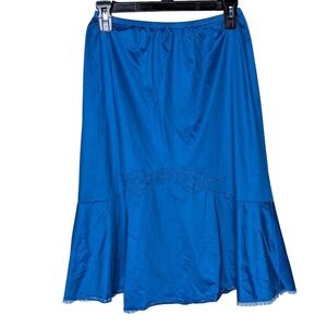 Vintage‎ Blue Satin Slip Skirt Lace Hem & Applique Midi Y2K Coquette Lingerie